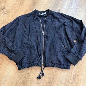 BB DAKOTA Black Cotton Gauze Bomber Jacket Zip Up Drawstring Hem Size XS